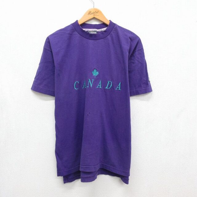 L★古着 半袖 ビンテージ Tシャツ メンズ 90年代 90s カナダ 刺繍 クルーネック パープル 26jul21