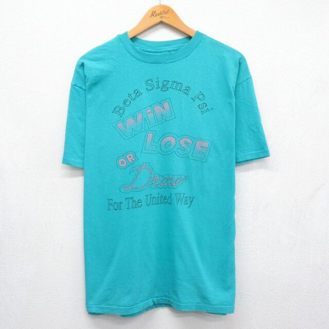 XL★古着 ヘインズ 半袖 ビンテージ Tシャツ メンズ 80年代 80s WIN LOSE コットン クルーネック USA製 ライトブルー 26jul21
