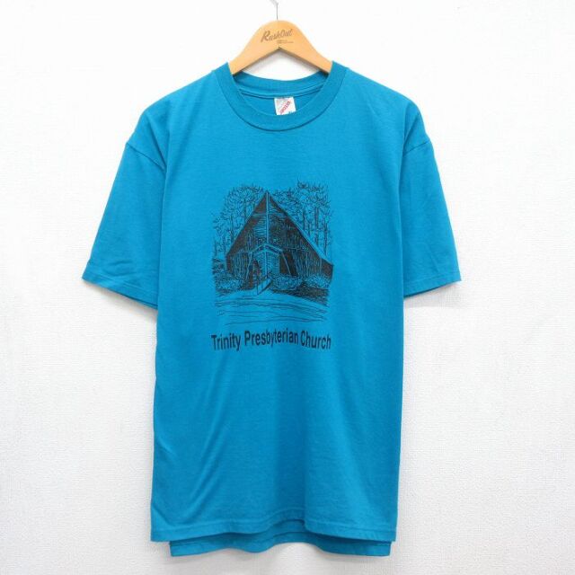 XL★古着 ジャージーズ 半袖 ビンテージ Tシャツ メンズ 90年代 90s Church 大きいサイズ クルーネック USA製 ブルー 26jul21