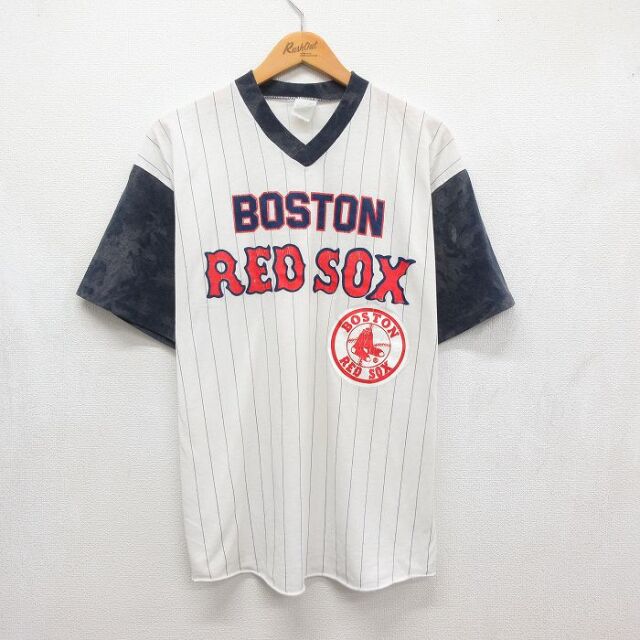 L★古着 半袖 ビンテージ Tシャツ メンズ 90年代 90s MLB ボストンレッドソックス Vネック USA製 ホワイト ストライプ メジャーリーグ ベースボール 野球 26jul21