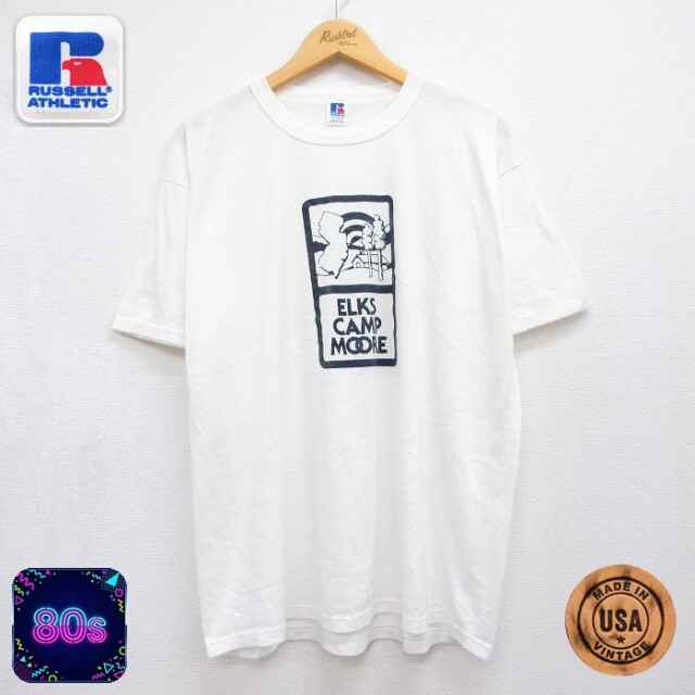 ラッセル 80s 半袖Tシャツ ELKS CAMP MOORE ホワイト メンズXL相当 | 古着