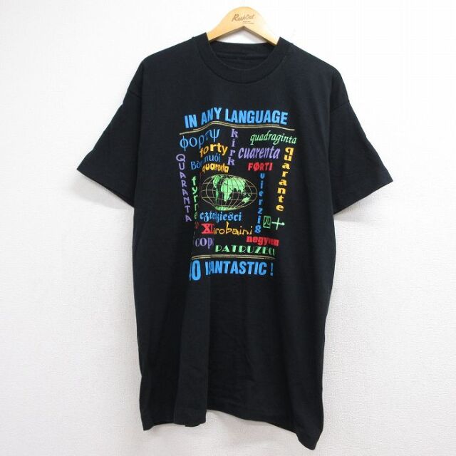 XL★古着 半袖 ビンテージ Tシャツ メンズ 90年代 90s 気球 ロング丈 クルーネック ブラック 26jul21