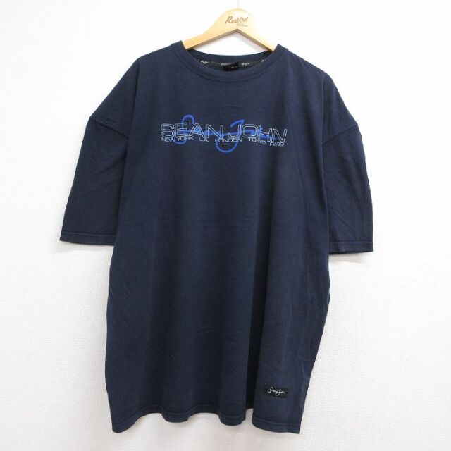 XL★古着 ショーンジョン 半袖 ビンテージ Tシャツ メンズ 90年代 90s ビッグロゴ 大きいサイズ コットン クルーネック USA製 ネイビー【spe】 26jul21