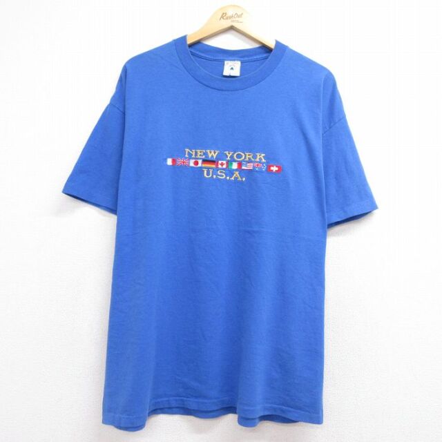 XL★古着 半袖 ビンテージ Tシャツ メンズ 90年代 90s ニューヨーク 刺繍 コットン クルーネック USA製 ブルー 26jul21