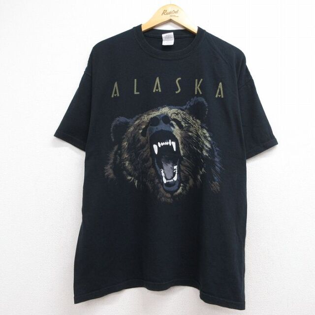 XL★古着 半袖 ビンテージ Tシャツ メンズ 00年代 00s アラスカ クマ 大きいサイズ コットン クルーネック ブラック 26jul21