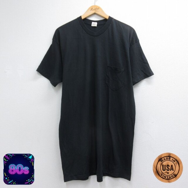 80s 半袖Tシャツ 胸ポケット付き ブラック メンズL相当 | 古着