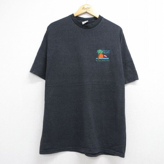 90s 半袖Tシャツ ヤシの木ボーダー ブラック メンズXL相当 | 古着