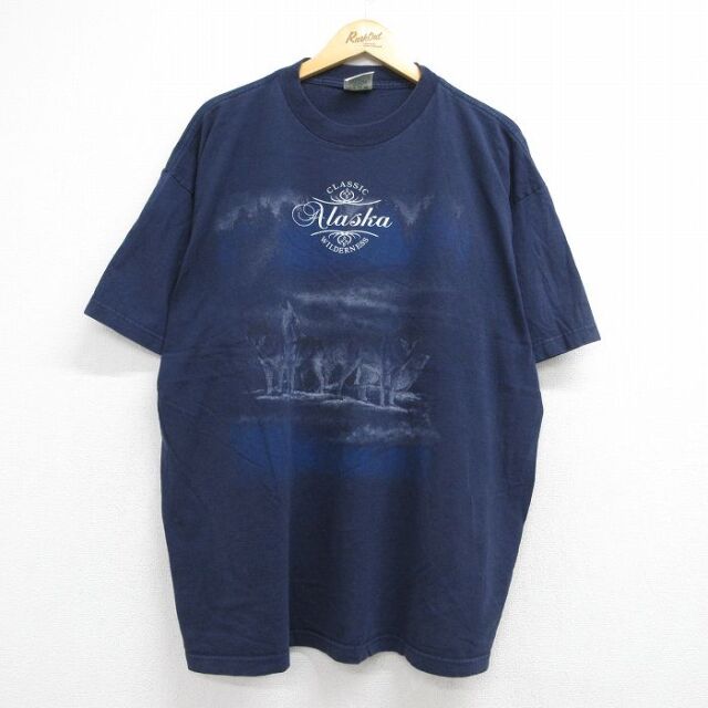 00s 半袖Tシャツ オオカミ ネイビー メンズXL相当 | 古着