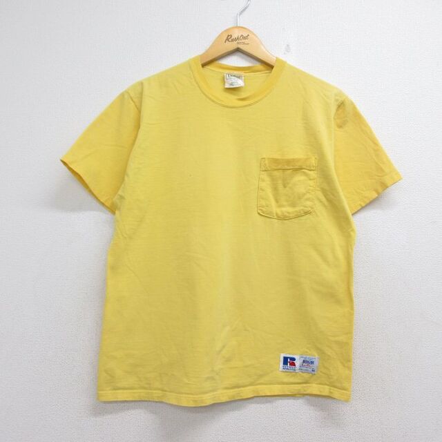 L★古着 ラッセル エルエルビーン 半袖 ビンテージ Tシャツ メンズ 90年代 90s 無地 胸ポケット付き コットン クルーネック USA製 イエロー【spe】 26jul30