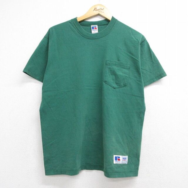 L★古着 ラッセル 半袖 ビンテージ Tシャツ メンズ 90年代 90s 無地 胸ポケット付き コットン クルーネック USA製 グリーン【spe】 26jul30