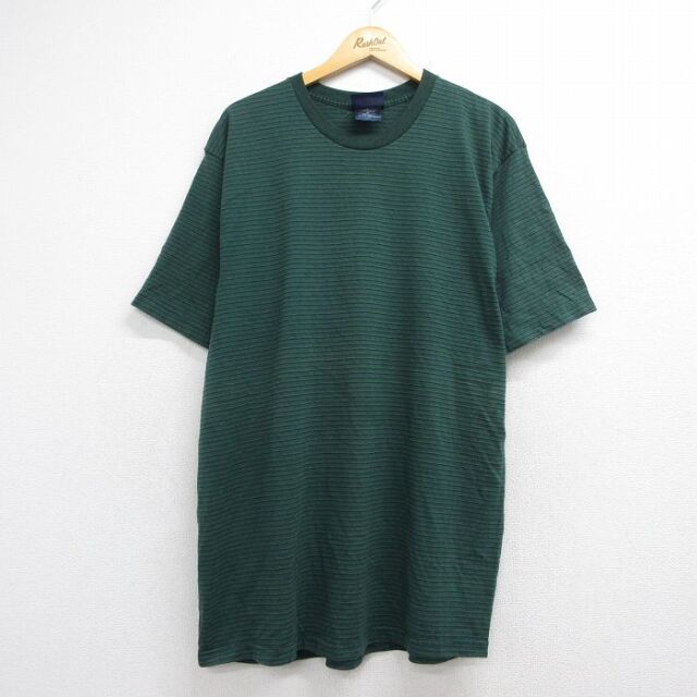 XL★古着 ピューリタン 半袖 ビンテージ Tシャツ メンズ 00年代 00s ロング丈 クルーネック USA製 グリーン ボーダー【spe】 26jul31
