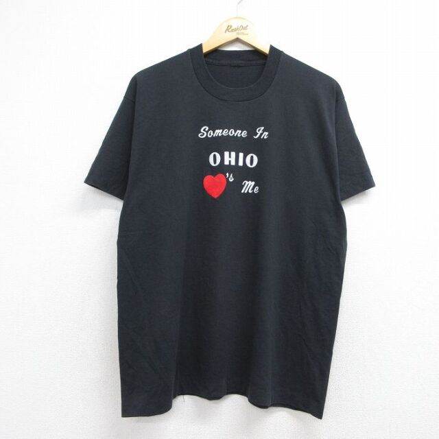 90s 半袖Tシャツ オハイオフロッキープリント ブラック メンズL相当 | 古着
