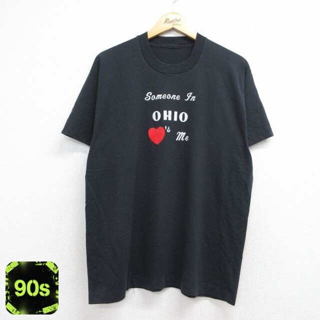 90s 半袖Tシャツ オハイオフロッキープリント ブラック メンズL相当 | 古着