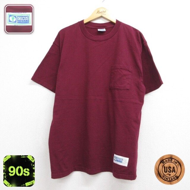 ディスカス 90s 半袖Tシャツ 胸ポケット付き バーガンディ メンズXL相当 | 古着