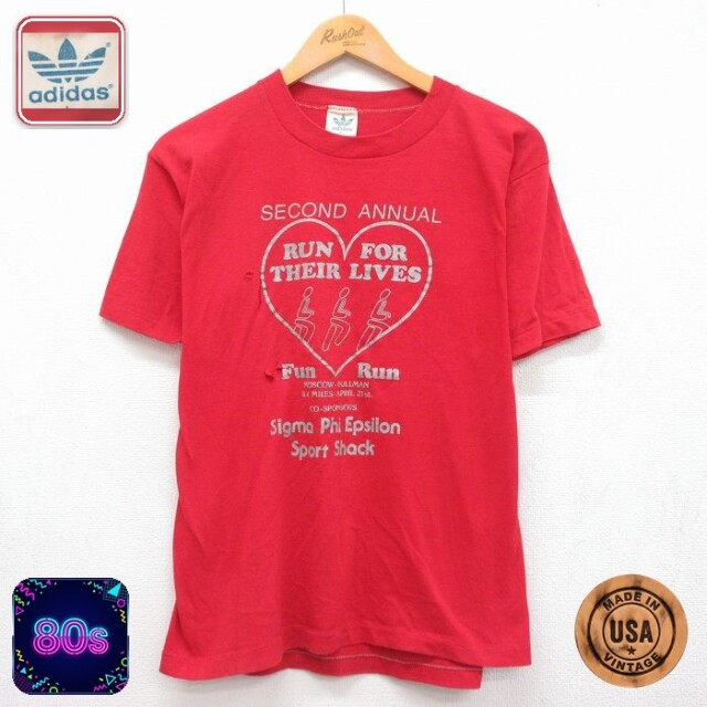 アディダス 80s 半袖Tシャツ ビッグロゴ レッド メンズL相当 | 古着