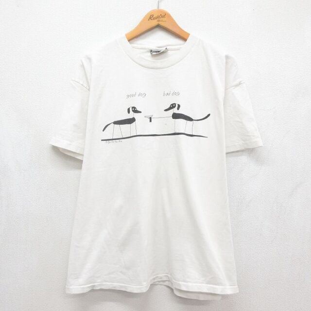 XL★古着 リー Lee 半袖 ビンテージ Tシャツ メンズ 90年代 90s good dog bad dog 犬 大きいサイズ コットン クルーネック USA製 ホワイト【spe】 26aug10