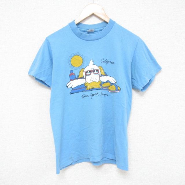 【50%OFF】M★古着 半袖 ビンテージ Tシャツ メンズ 80年代 80s アヒル 両面プリント コットン クルーネック USA製 水色 25apr19 中古