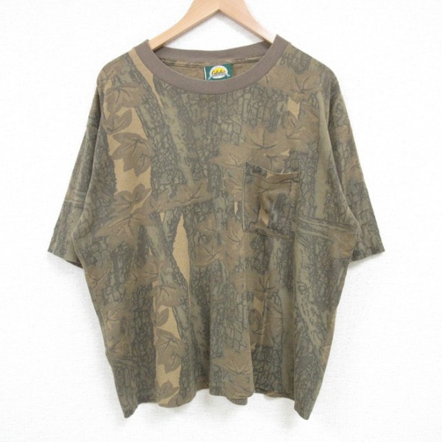 【50%OFF】XL★古着 カベラス 半袖 ビンテージ Tシャツ メンズ 90年代 90s TREBARK 胸ポケット付き 大きいサイズ クルーネック USA製 茶他 ブラウン 迷彩 【spe】 25apr23 中古