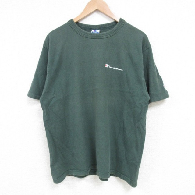 【50%OFF】L★古着 チャンピオン 半袖 ビンテージ Tシャツ メンズ 90年代 90s ワンポイントロゴ コットン クルーネック USA製 緑 グリーン 25apr23 中古