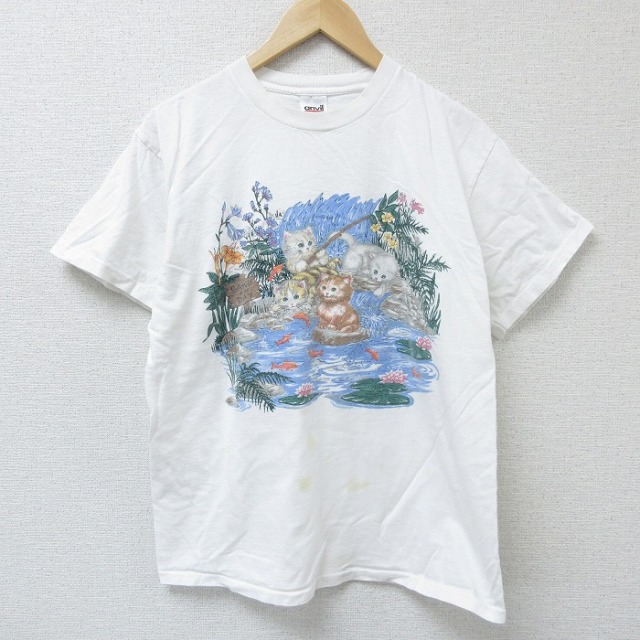 【50%OFF】L★古着 半袖 ビンテージ Tシャツ メンズ 00年代 00s ネコ コットン クルーネック 白 ホワイト 25apr23 中古