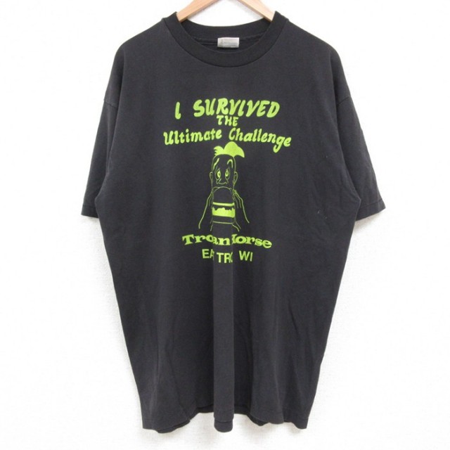 XL★古着 ヘインズ Hanes 半袖 ビンテージ Tシャツ メンズ 80年代 80s ハンバーガー 男性 大きいサイズ クルーネック USA製 黒 ブラック 【spe】 25may24 中古