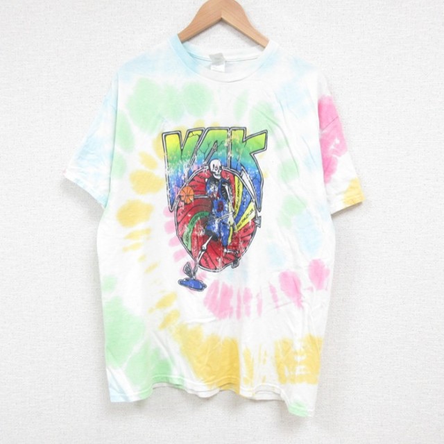 【20%OFF】L★古着 半袖 ビンテージ Tシャツ メンズ 00年代 00s YAK スケルトン バスケットボール コットン クルーネック 白他 ホワイト タイダイ 25may24 中古