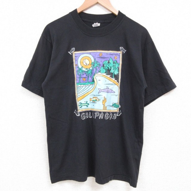M★古着 半袖 ビンテージ Tシャツ メンズ 80年代 80s ガラパゴス 魚 クルーネック 黒 ブラック 25may26 中古