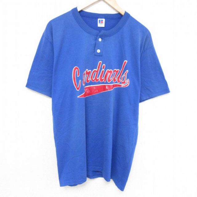 XL★古着 ラッセル 半袖 ビンテージ Tシャツ メンズ 90年代 90s カージナルス ヘンリーネック USA製 青 ブルー 25may27 中古