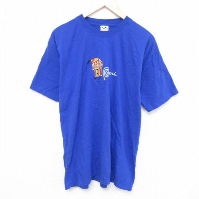 L★古着 半袖 ビンテージ Tシャツ メンズ 00年代 00s ペルー 刺繍 コットン クルーネック 青 ブルー 25jun10 中古