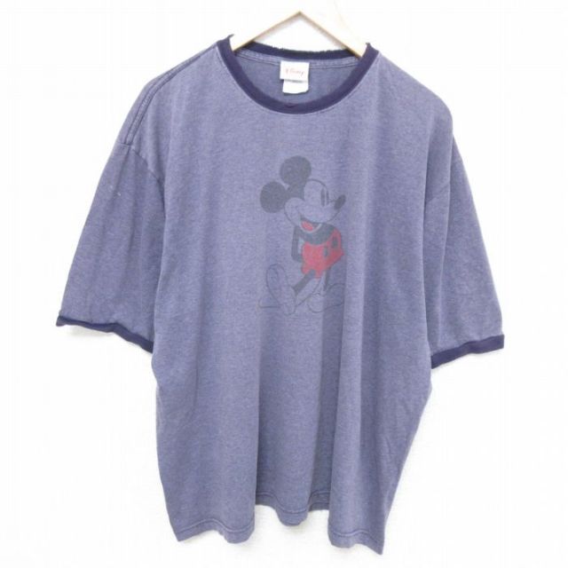 XL★古着 半袖 ビンテージ Tシャツ メンズ 00年代 00s ディズニー DISNEY ミッキー MICKEY MOUSE 大きいサイズ クルーネック 薄紫 パープル 霜降り リンガー 25jun10 中古