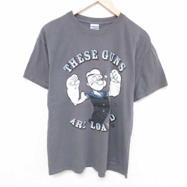 L★古着 半袖 ビンテージ Tシャツ メンズ 00年代 00s ポパイ コットン クルーネック 濃グレー 25jun10 中古