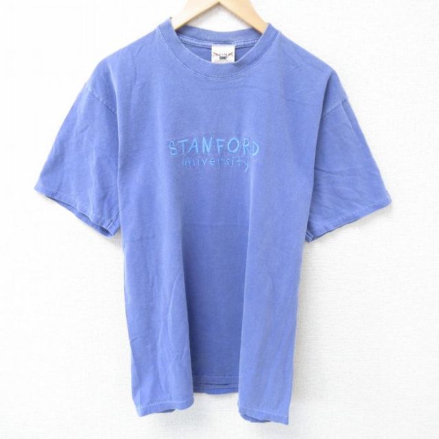 L★古着 半袖 ビンテージ Tシャツ メンズ 90年代 90s スタンフォード 刺繍 コットン クルーネック USA製 薄紺 ネイビー 25jun10 中古