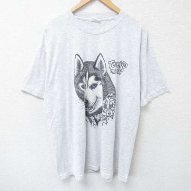 XL★古着 半袖 ビンテージ Tシャツ メンズ 00年代 00s オオカミ 大きいサイズ クルーネック 薄グレー 霜降り 25jun11 中古