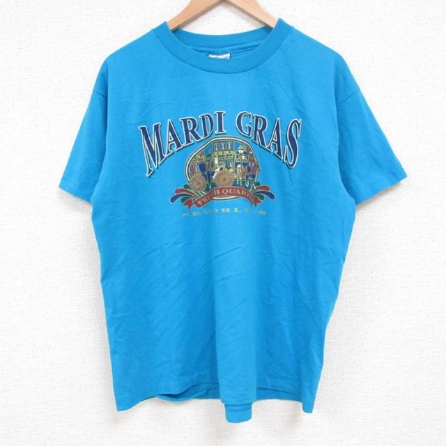 L★古着 ヘインズ Hanes 半袖 ビンテージ Tシャツ メンズ 90年代 90s マルディグラ クルーネック USA製 青 ブルー 25jun11 中古