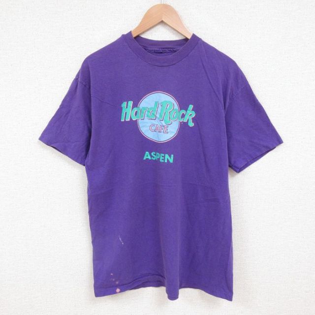 L★古着 半袖 ビンテージ Tシャツ メンズ 90年代 90s ハードロックカフェ アスペン クルーネック 紫 パープル 25jun11 中古