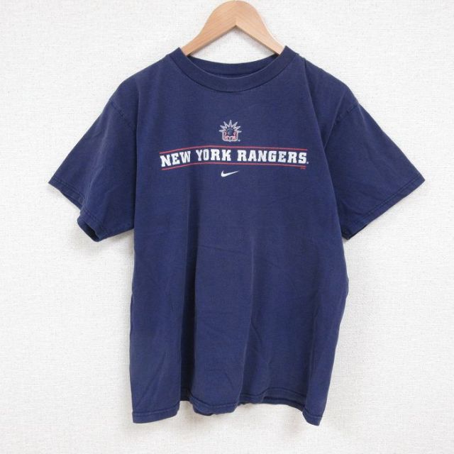 L★古着 ナイキ NIKE 半袖 ビンテージ Tシャツ メンズ 00年代 00s NHL ニューヨークレンジャース コットン クルーネック 紺 ネイビー アイスホッケー 【spe】 25jun11 中古