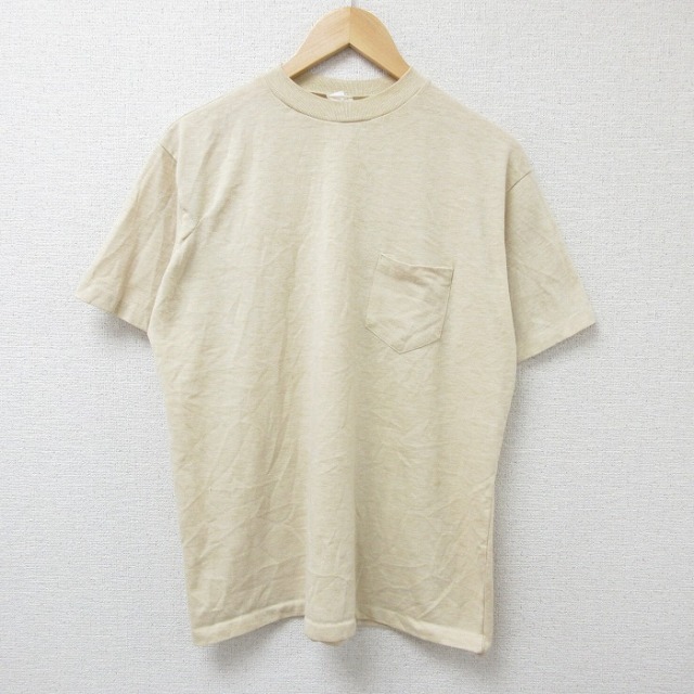 L★古着 半袖 ビンテージ Tシャツ メンズ 80年代 80s 無地 胸ポケット付き クルーネック USA製 ベージュ カーキ 25jun11 中古