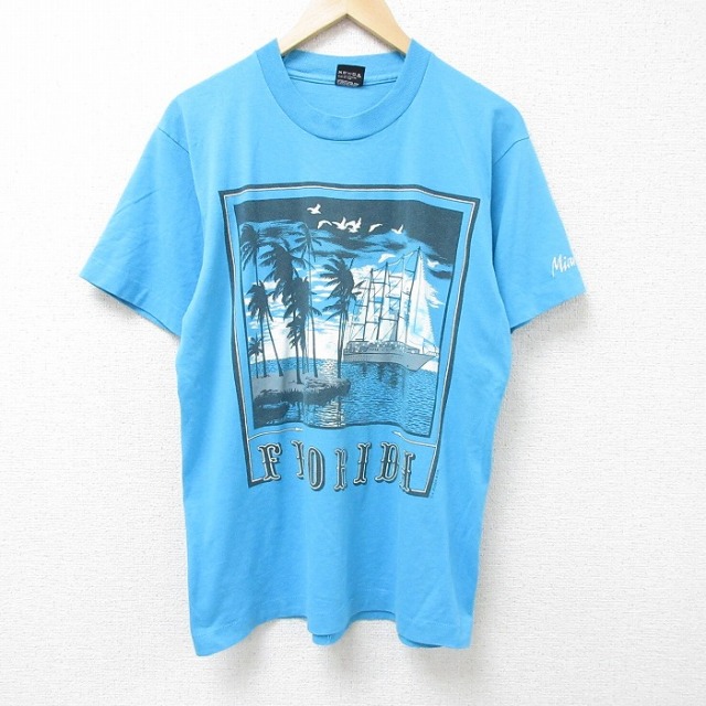 L★古着 スクリーンスターズ 半袖 ビンテージ Tシャツ メンズ 80年代 80s フロリダ クルーネック USA製 水色 25jun11 中古