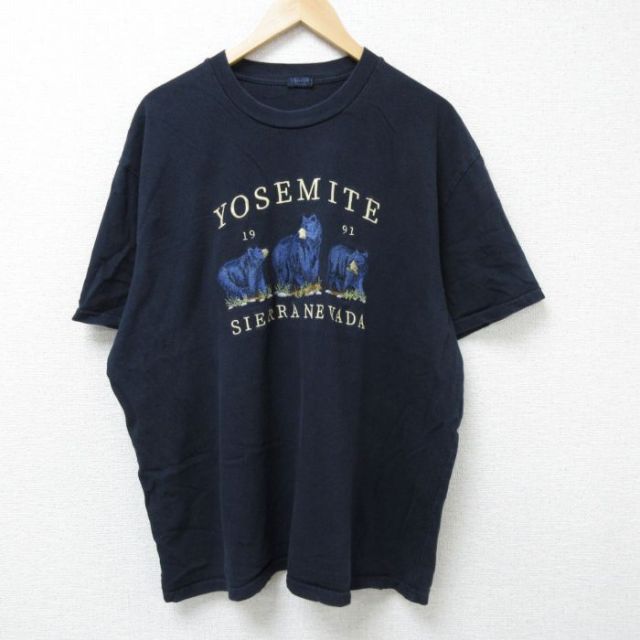XL★古着 半袖 Tシャツ メンズ クマ 刺繍 大きいサイズ クルーネック 黒 ブラック 25jun12 中古