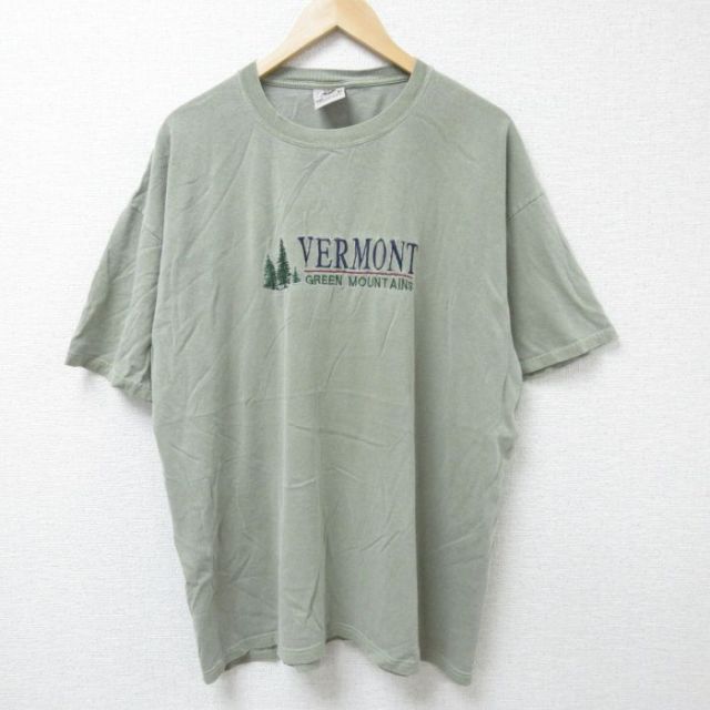 XL★古着 半袖 ビンテージ Tシャツ メンズ 00年代 00s バーモント 刺繍 大きいサイズ コットン クルーネック 薄緑 グリーン 25jun12 中古