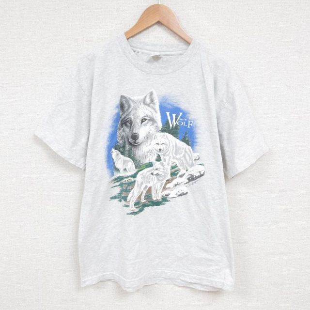 L★古着 半袖 ビンテージ Tシャツ メンズ 90年代 90s オオカミ コットン クルーネック USA製 薄グレー 霜降り 【spe】 25jun12 中古
