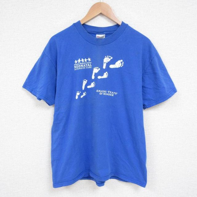 L★古着 ヘインズ Hanes 半袖 ビンテージ Tシャツ メンズ 00年代 00s 足跡 コットン クルーネック 青 ブルー 25jun13 中古