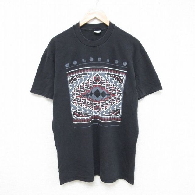 L★古着 半袖 ビンテージ Tシャツ メンズ 80年代 80s ネイティブ柄 ラグ柄 コットン クルーネック USA製 黒 ブラック 25jun14 中古