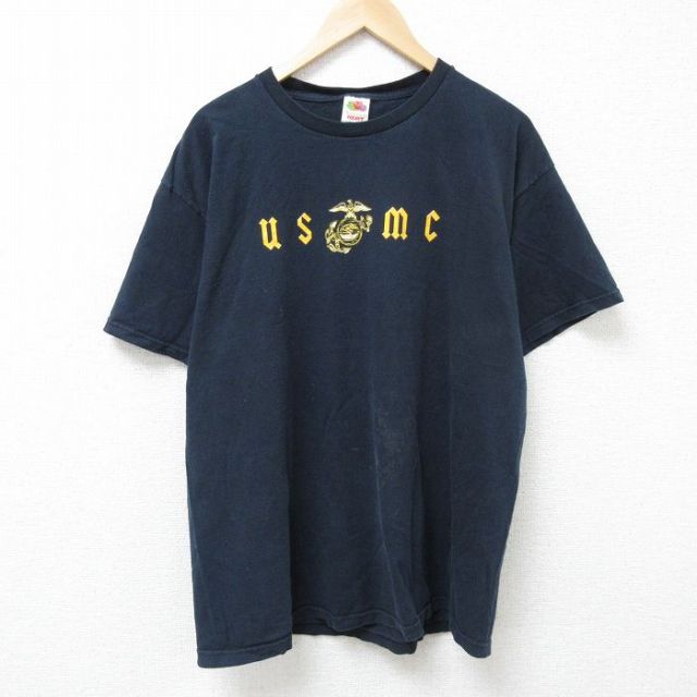 XL★古着 フルーツオブザルーム 半袖 ビンテージ Tシャツ メンズ 00年代 00s ミリタリー USMC コットン クルーネック 濃紺 ネイビー 25jun14 中古