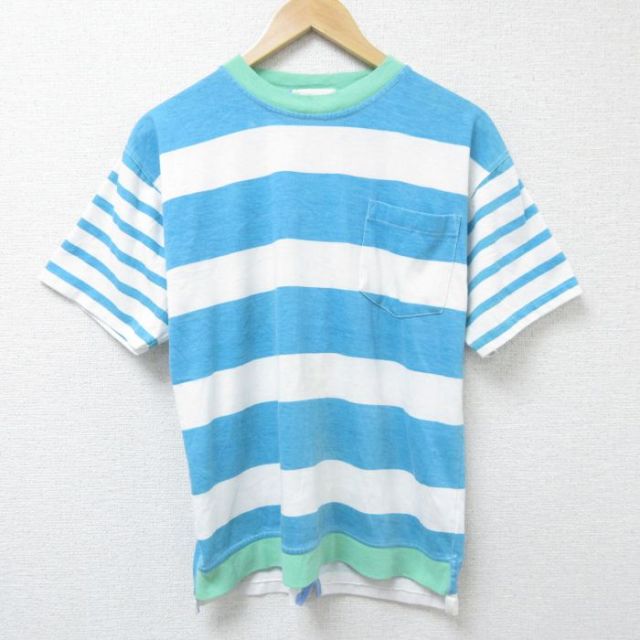00s 半袖Tシャツ 胸ポケット付き ライトブルーボーダー M | 古着