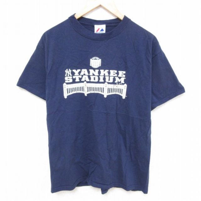 L★古着 マジェスティック 半袖 ビンテージ Tシャツ メンズ 00年代 00s MLB ニューヨークヤンキース スタジアム コットン クルーネック 紺 ネイビー メジャーリーグ ベースボール 野球 25jun21 中古