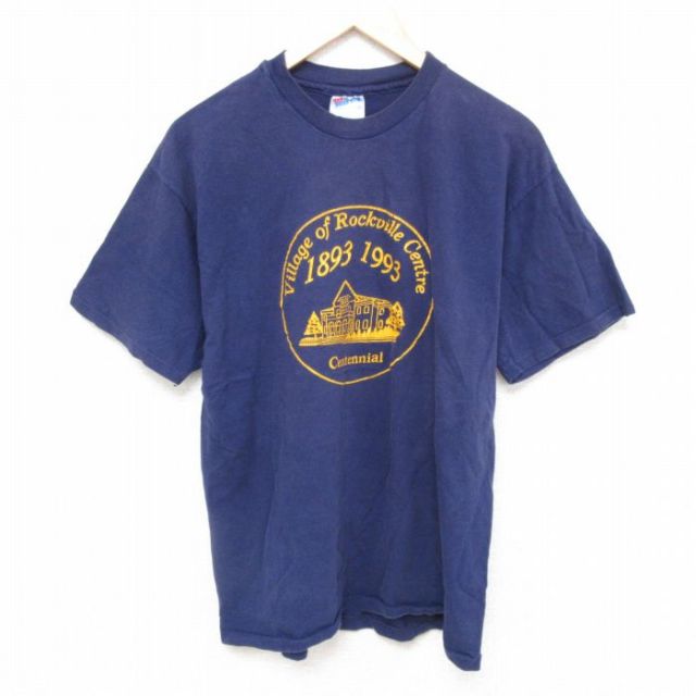 L★古着 ヘインズ Hanes 半袖 ビンテージ Tシャツ メンズ 90年代 90s ロックビル コットン クルーネック USA製 紺 ネイビー 25jun21 中古