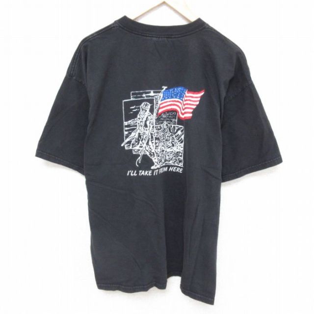 【50%OFF】XL★古着 半袖 ビンテージ Tシャツ メンズ 00年代 00s 星条旗　大きいサイズ コットン クルーネック 黒 ブラック 25jun21 中古