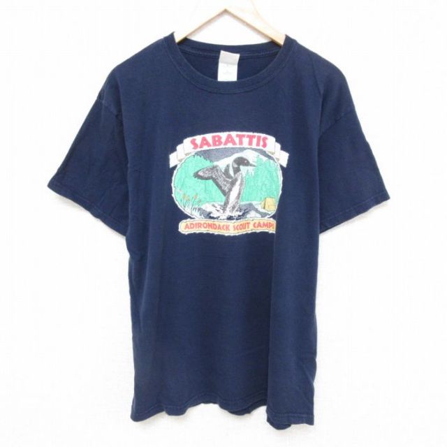 【50%OFF】L★古着 半袖 ビンテージ Tシャツ メンズ 00年代 00s 鳥 コットン クルーネック 紺 ネイビー 25jun21 中古