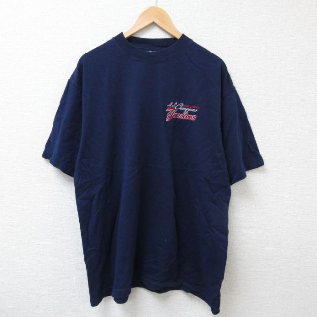 XL★古着 マジェスティック 半袖 ビンテージ Tシャツ メンズ 90年代 90s MLB ニューヨークヤンキース 大きいサイズ コットン クルーネック 紺 ネイビー メジャーリーグ ベースボール 野球 25jun21 中古